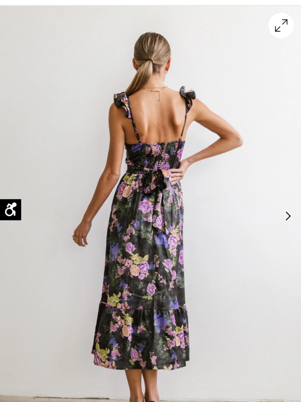 Lulu's Black Floral Ruffle-Striped Midi Dress with Purple and Pink Blooms - Picture 3 of 7